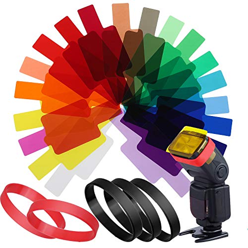 Zacro 20 Pcs Gel Filtros Cámaras Iluminación Flash de Corrección Termografía para Flash Speedlite,5 Anillos de Goma de Rojo y Negro y Caja de Almacenaje