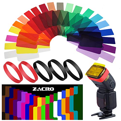 Zacro 20 Pcs Gel Filtros Cámaras Iluminación Flash de Corrección Termografía para Flash Speedlite,5 Anillos de Goma de Rojo y Negro y Caja de Almacenaje