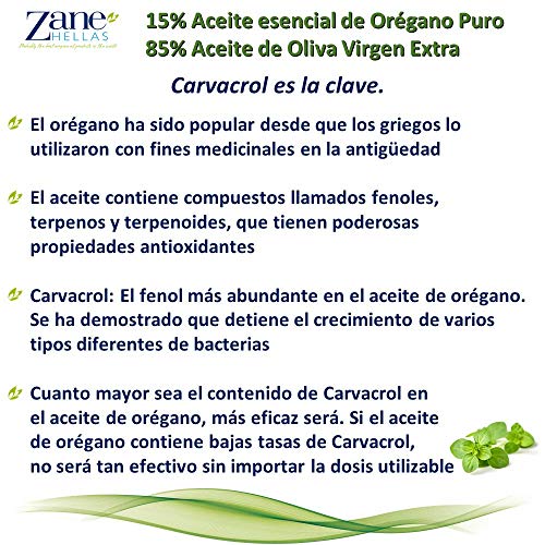 Zane Hellas 15% Aceite de Orégano. Aceite Esencial de orégano Griego Puro.86% Min Carvacrol. 20mg de Carvacrol por porción. Probablemente el Mejor Aceite de orégano del Mundo. 1fl.oz - 30 ml