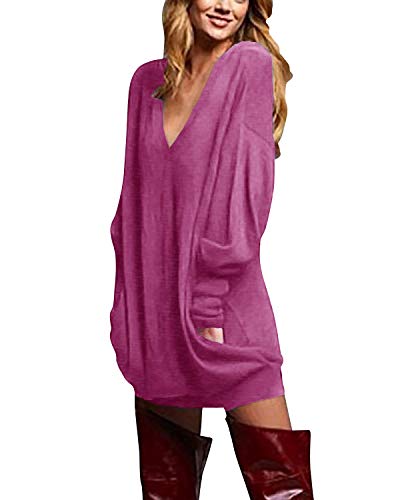 ZANZEA Jerseys Mujer Largos Cuello V Manga Larga Otoño Vestidos Sudadera Casual Tallas Grandes Suéter Suelta 01-Rosa S