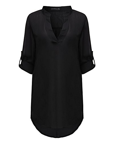 ZANZEA Mujer Sexy Verano Casual Gasa Cuello en V Manga Larga Camisa Suelta Blusa Tops Negro US 6
