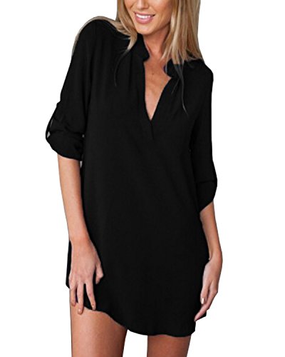 ZANZEA Mujer Sexy Verano Casual Gasa Cuello en V Manga Larga Camisa Suelta Blusa Tops Negro US 6