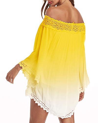 ZANZEA Vestidos Mujer Verano Corto Tallas Grandes Vestidos Fiesta Sexy Encaje Sin Hombros Vestido Playa Mangas Largas 02-Amarillo L