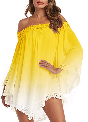 ZANZEA Vestidos Mujer Verano Corto Tallas Grandes Vestidos Fiesta Sexy Encaje Sin Hombros Vestido Playa Mangas Largas 02-Amarillo L