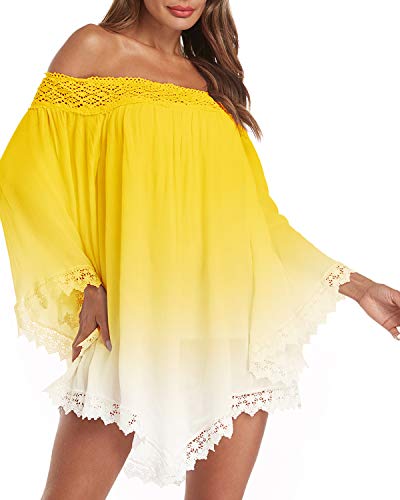 ZANZEA Vestidos Mujer Verano Corto Tallas Grandes Vestidos Fiesta Sexy Encaje Sin Hombros Vestido Playa Mangas Largas 02-Amarillo L