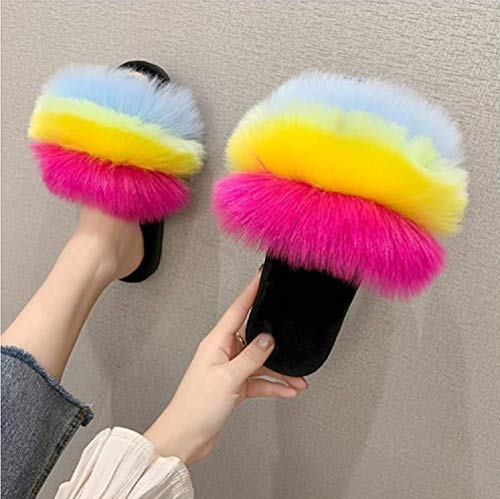 Zapatilla De Piel De Imitación De Imitación Para Mujer, Chanclas Con Punta Abierta Para Mujer, Pantuflas Suaves Y Esponjosas Para Zapatos Interiores Y Exteriores,C,37