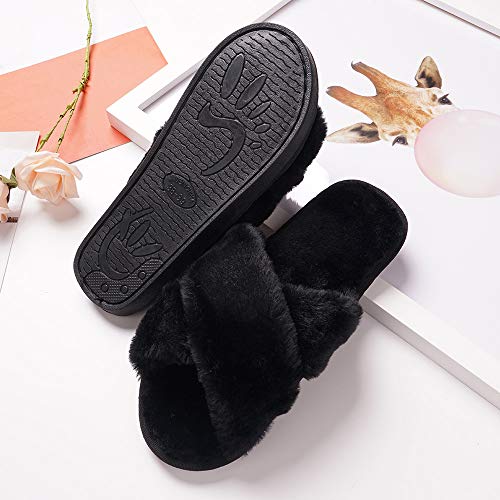 Zapatillas de Casa Libre para Mujer,Sandalia Plana en Tiras Cruzadas Supersuave Peludas Invierno Verano Negro 37 38