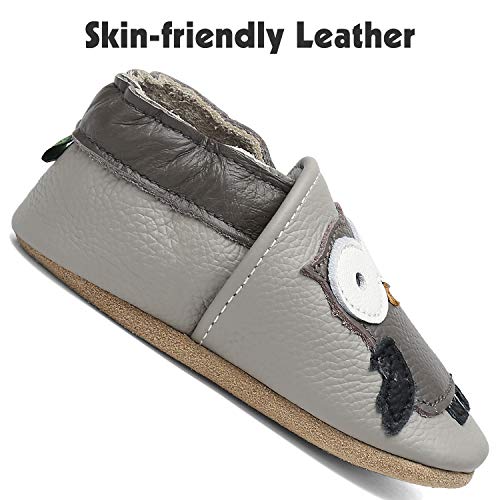 Zapatillas de Cuero Bebe Niño Niña Blandos Flexibles Zapatos para Gatear Infantil Antideslizante Zapatitos Primeros Pasos Comodas Ligeros Pantuflas Bebé, Búho Gris 12-18 Meses