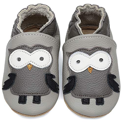 Zapatillas de Cuero Bebe Niño Niña Blandos Flexibles Zapatos para Gatear Infantil Antideslizante Zapatitos Primeros Pasos Comodas Ligeros Pantuflas Bebé, Búho Gris 12-18 Meses