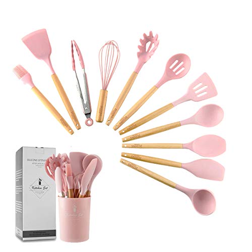 ZCOINS - Juego de utensilios de cocina de silicona con asas de madera y soporte, utensilios de cocina (rosado)