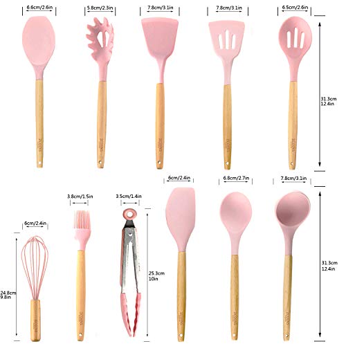 ZCOINS - Juego de utensilios de cocina de silicona con asas de madera y soporte, utensilios de cocina (rosado)