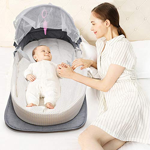 ZEHNHASE Cuna Nido Portátil, Cuna De Viaje Con Colchon, Nido para bebé para recién nacidos con diseño antivuelco, mosquitera y juguete incluidos - Gris