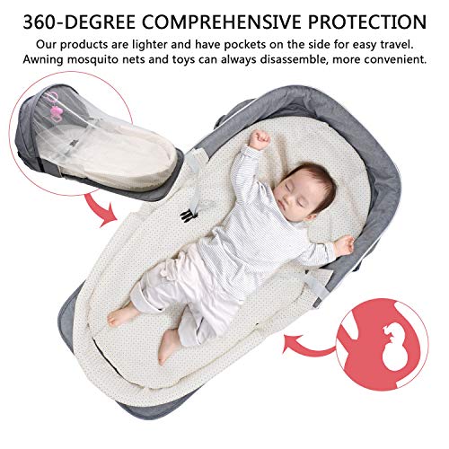 ZEHNHASE Cuna Nido Portátil, Cuna De Viaje Con Colchon, Nido para bebé para recién nacidos con diseño antivuelco, mosquitera y juguete incluidos - Gris