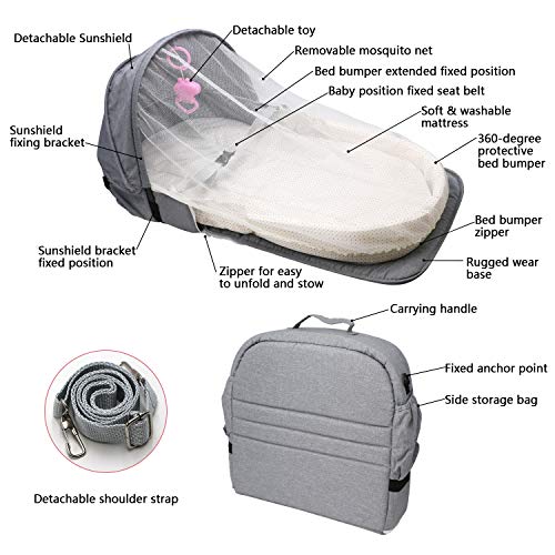ZEHNHASE Cuna Nido Portátil, Cuna De Viaje Con Colchon, Nido para bebé para recién nacidos con diseño antivuelco, mosquitera y juguete incluidos - Gris