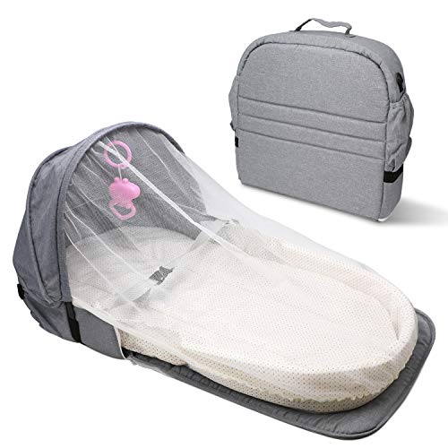 ZEHNHASE Cuna Nido Portátil, Cuna De Viaje Con Colchon, Nido para bebé para recién nacidos con diseño antivuelco, mosquitera y juguete incluidos - Gris