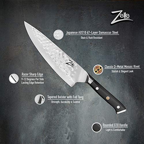 Zelite Infinity, Cuchillo Chef 20 cm- Serie Alpha-Royal, Utensilios Cocina Edición Executive Chefs - Acero de Damasco Japonés AUS-10 de 67 capas - Cuchillos Cocina Acabado Tsuchime