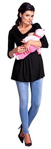 Zeta Ville - Premamá Top Camiseta de Lactancia Efecto 2 en 1 - para Mujer - 945c (Negro, 38-40, L)