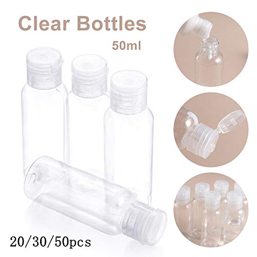 zhiyi-online 50ml Botellas Transparentes de Viajes a Clear efillable Reutilizables contenedores vacíos plástica del Viaje Champú Loción Muestras Botellas (50 Piezas)