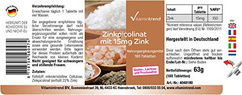 Zinc 15mg - Picolinato de Zinc – vegano – alta dosificación – para piel y pelo sano – 180 comprimidos