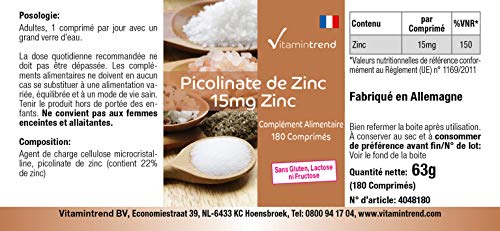 Zinc 15mg - Picolinato de Zinc – vegano – alta dosificación – para piel y pelo sano – 180 comprimidos