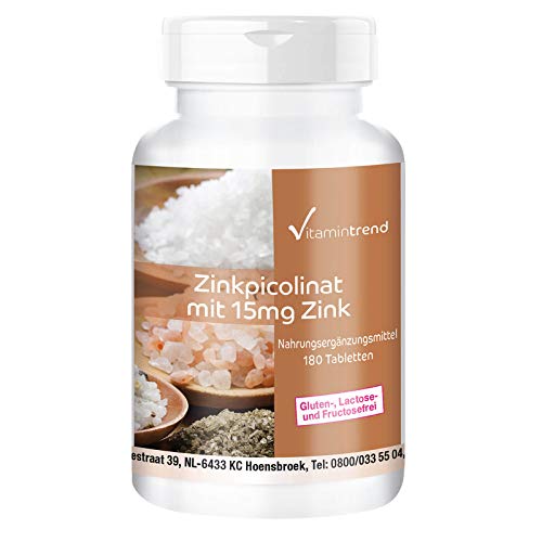 Zinc 15mg - Picolinato de Zinc – vegano – alta dosificación – para piel y pelo sano – 180 comprimidos
