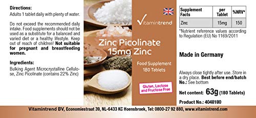 Zinc 15mg - Picolinato de Zinc – vegano – alta dosificación – para piel y pelo sano – 180 comprimidos