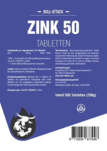 Zinc 50 Depot 500 tabletas veganas á 50mg| 25mg = 1/2 tableta | Gluconato de zinc puro | Acné, sistema inmunológico, construcción de músculos, testosterona | La mejor calidad
