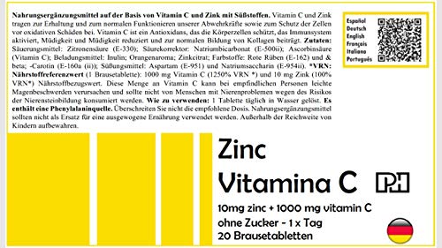 ZINC + VITAMINA C PH 20 comprimidos efervescentes, suplemento para las defensas, oxidación y formación colágeno
