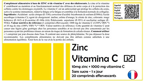 ZINC + VITAMINA C PH 20 comprimidos efervescentes, suplemento para las defensas, oxidación y formación colágeno