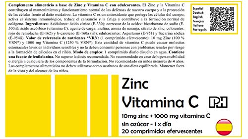 ZINC + VITAMINA C PH 20 comprimidos efervescentes, suplemento para las defensas, oxidación y formación colágeno
