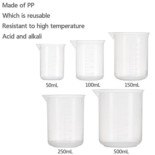ZITFRI 5 Piezas Jarra Medidora Plastico Jarra Medidora Díafana Vaso Medidor Plástico de Equipo de vaso de laboratorio Vaso Graduado de Cocina 50ml 100ml 150ml 250ml 500ml