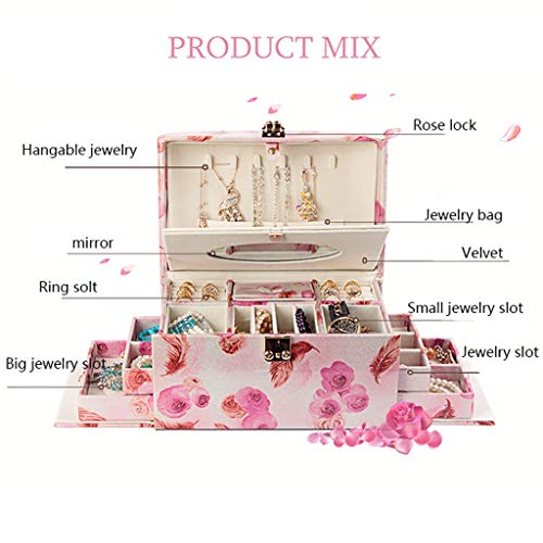 ZL Misty romántica Flor de Rose 3 Capas de joyería de Almacenamiento W/elíptico Espejo, cajón de la joyería for la exhibición, Dorado Cerradura, manillas, Boda Regalo de Brithday