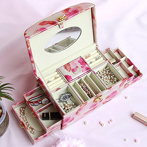 ZL Misty romántica Flor de Rose 3 Capas de joyería de Almacenamiento W/elíptico Espejo, cajón de la joyería for la exhibición, Dorado Cerradura, manillas, Boda Regalo de Brithday