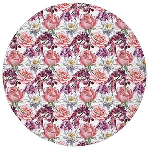 ZMYGH Round Rug Mat Carpet,Floral Decor,Watercolor Rose and Orchid Lily Flowers Motif Nature Inspired Petals Artwork,Pink Coral,Flannel Microfiber Non-Slip Soft Absorbent,for Kitchen Floor Bathroom