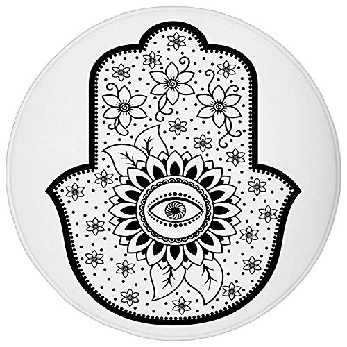 ZMYGH Round Rug Mat Carpet,Hamsa,Blooming Traditional Lily Flowers with All Seeing Eye Floral Curls Ethnic Charm,Black White,Flannel Microfiber Non-Slip Soft Absorbent,for Kitchen Floor Bathroom