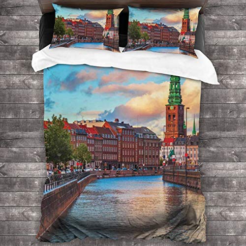 ZOANEN Puesta del Sol de Europa de Copenhague Posters Fundas Edredon 220x240cm con 2 Fundas De Almohada 50x80cm para La Decoración del Hotel En El Hogar Dormitorio
