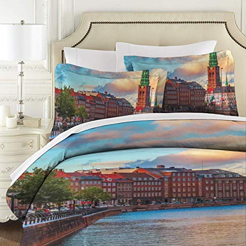 ZOANEN Puesta del Sol de Europa de Copenhague Posters Fundas Edredon 220x240cm con 2 Fundas De Almohada 50x80cm para La Decoración del Hotel En El Hogar Dormitorio
