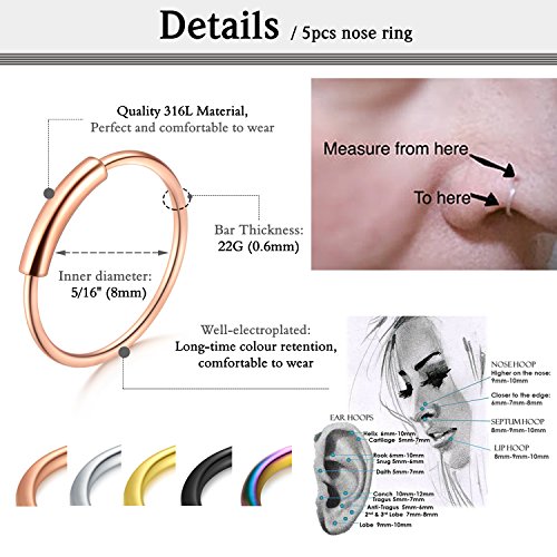 Zolure 22 Gauge Nose Hoop Ring Tornillo de Nariz Bone Studs Anillos Clicker Quirúrgico Piercing de Acero Set