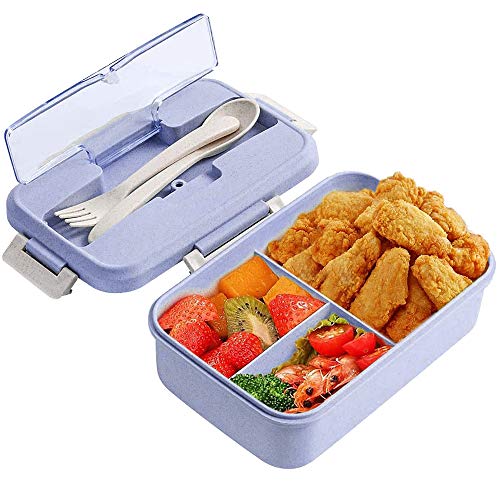 ZoneYan Caja de Bento, Lunch Box Infantil, Fiambreras con 3 Compartimentos, Cuchara Tenedor Lonchera, Fiambreras Caja de Almuerzo Ideal para Microondas (púrpura)