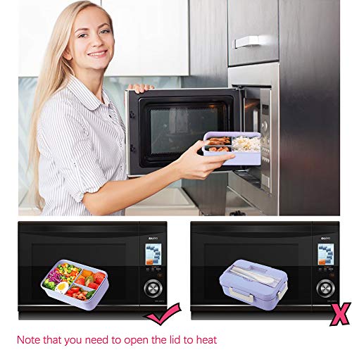 ZoneYan Caja de Bento, Lunch Box Infantil, Fiambreras con 3 Compartimentos, Cuchara Tenedor Lonchera, Fiambreras Caja de Almuerzo Ideal para Microondas (púrpura)