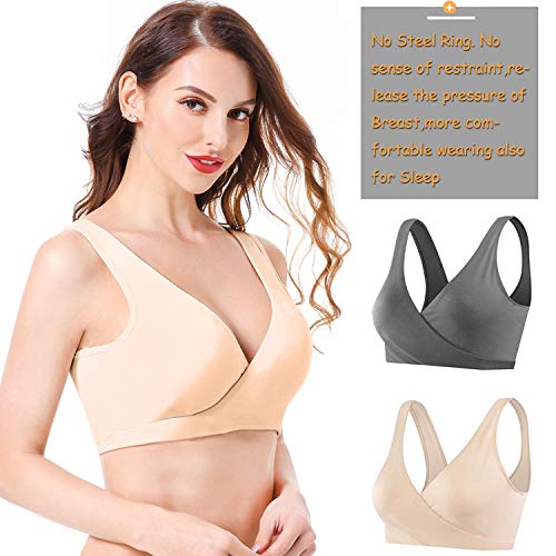 ZUXNZUX Sujetador Lactancia Mujer Maternidad Sujetadores para Premamá Enfermería Sostén Embarazada Amamantamiento Ropa Interior Bralette Sueño Relleno Comodo Transpirable -Beige/Gris L