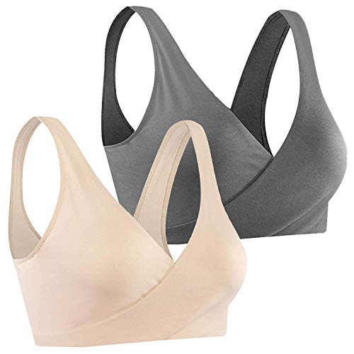 ZUXNZUX Sujetador Lactancia Mujer Maternidad Sujetadores para Premamá Enfermería Sostén Embarazada Amamantamiento Ropa Interior Bralette Sueño Relleno Comodo Transpirable -Beige/Gris L