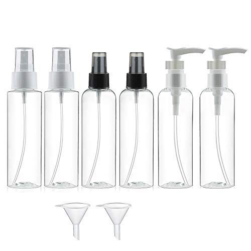 ZWOOS Transparente Bote Spray Botellas, 6 * 100ml Botes Botella de Pulverizacion Vacíos Botella Cosmetica de Viaje con 2 Embudo, para Salir, Viajar, Maquillaje Cosmético