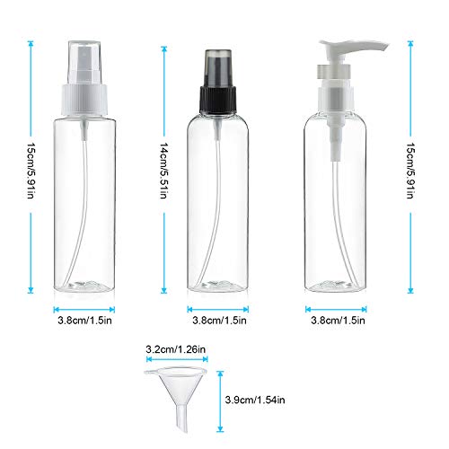 ZWOOS Transparente Bote Spray Botellas, 6 * 100ml Botes Botella de Pulverizacion Vacíos Botella Cosmetica de Viaje con 2 Embudo, para Salir, Viajar, Maquillaje Cosmético