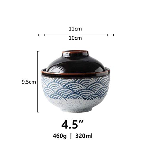 ZXW Cuenco de cerámica de 4.5 Pulgadas con Ondas Marinas y Tapa, tazón de Sopa casero japonés Creativo | Adecuado para el Desayuno de Huevos al Vapor
