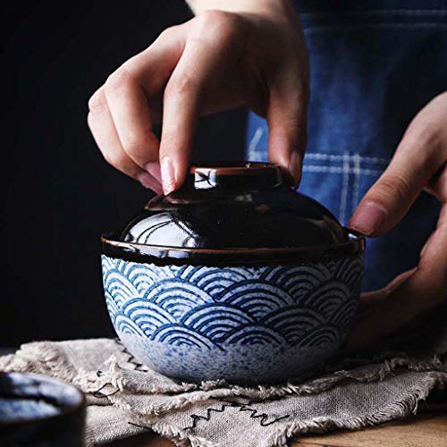 ZXW Cuenco de cerámica de 4.5 Pulgadas con Ondas Marinas y Tapa, tazón de Sopa casero japonés Creativo | Adecuado para el Desayuno de Huevos al Vapor