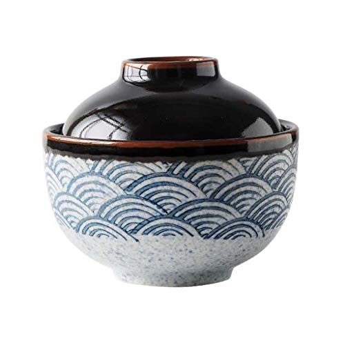 ZXW Cuenco de cerámica de 4.5 Pulgadas con Ondas Marinas y Tapa, tazón de Sopa casero japonés Creativo | Adecuado para el Desayuno de Huevos al Vapor