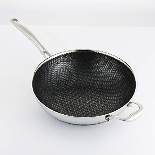ZzheHou Sartén De Doble Cara Patrón De Pantalla Completa Wenwu Manija Inoxidable Al por Mayor Wok Antiadherente Permite Fumar En El Pan (Color : Stainless Steel, Size : 32cm)