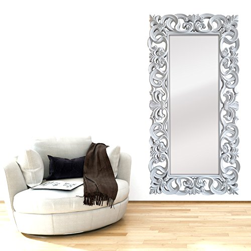 -Espejo Fabricado en España y Decorado a Mano- Medida Exterior 88x178 cm, Medida de Espejo 48x138 cm. Espejo Decorativo de Pared Modelo Goya Color Blanco decapé