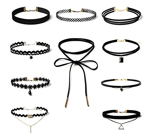 10 pieza Negra Choker Collares Juego Velvet Classic Gótico Tattoo Punta Choker Set Collares para mujeres y niñas